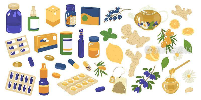 Collection with medicine and health nature products. Tablets, capsule blisters, glass bottles with liquid medicines, ginger, honey, lemon, berries. Health care concept. Vector illustration.